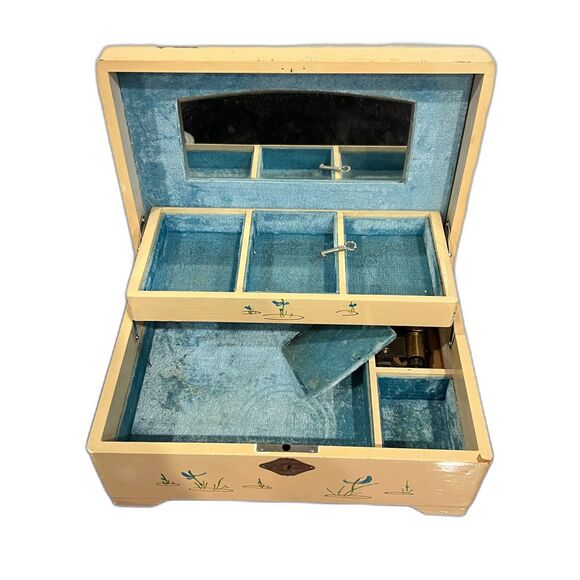 Vintage Jewelry Music Box & Key Mirrored w/ Blue Fabric Hand Painted Party Dress - Picture 2 of 5